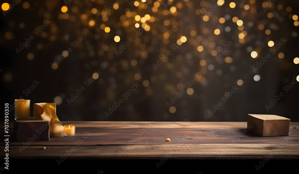Aufkleber wood table top of blurred abstract gold bokeh background with christmas lights.