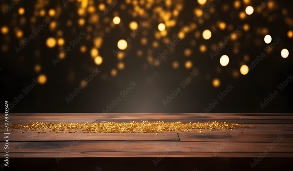 Aufkleber wood table top of blurred abstract gold bokeh background with christmas lights.
