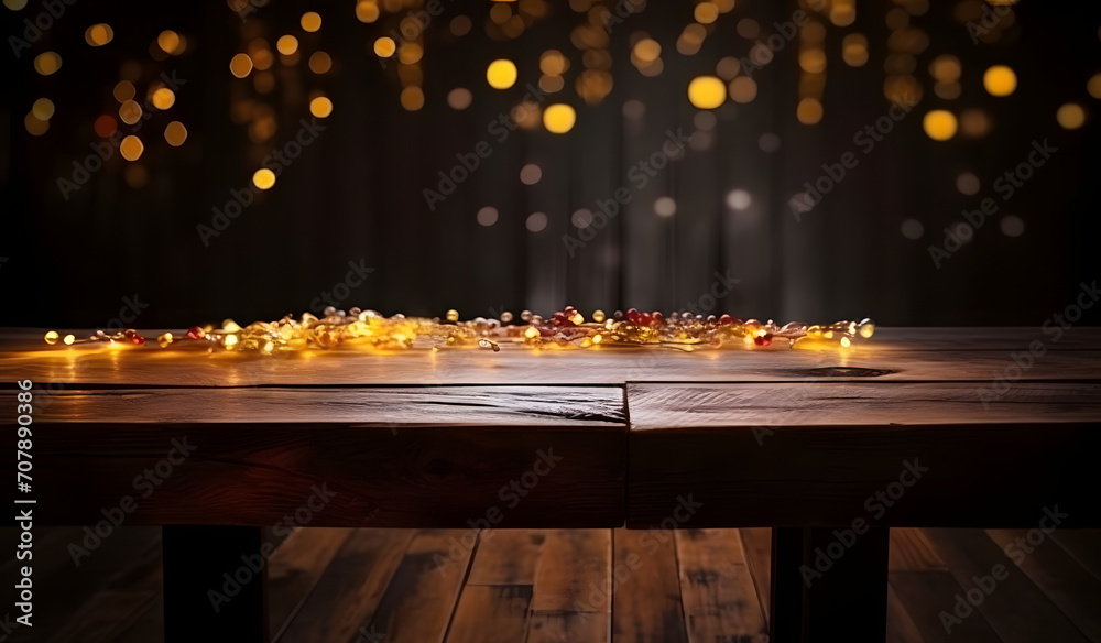 Poster wood table top of blurred abstract gold bokeh background with christmas lights.