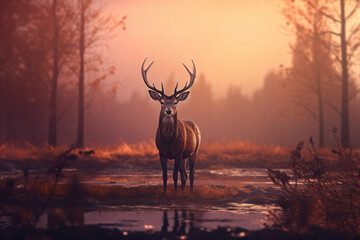 Deer deer deer stock photography, in the style of photorealistic landscapes, dark violet and light amber, photo-realistic landscapes, forestpunk, 32k uhd, realism with surrealistic elements, high qual