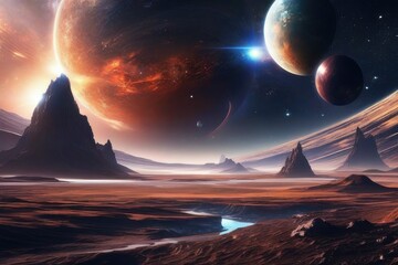 Space futuristic landscape with planets and space objects. The universe, galaxies and stars