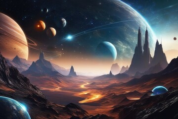 Space futuristic landscape with planets and space objects. The universe, galaxies and stars