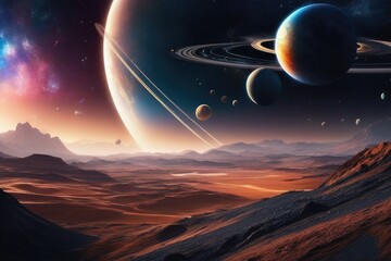Space futuristic landscape with planets and space objects. The universe, galaxies and stars