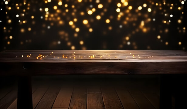 Wood table top of blurred abstract gold bokeh background with christmas lights.