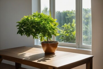 wooden table with a potted plant in front of the wall is accompanied by natural light from the sunshine
