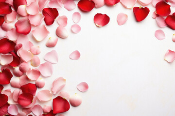 Rose petals on a white background with space for your text.