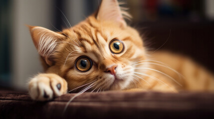 Portrait of a very cute sad kitten with huge eyes in his daily life, space for text