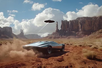 Foto op Plexiglas Retro futuristic seventies car escaping from a flying saucer laser attack in monument valley desert © Izanbar MagicAI Art