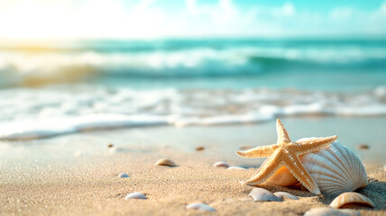 starfish and seashell on beach sand ocean - obrazy, fototapety, plakaty