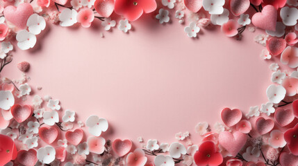 Obraz premium Valentines day background with hearts and flowers on pink background.