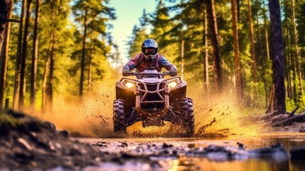 ATV in action splashing water motion blur at trail forest , extreme sports concept.