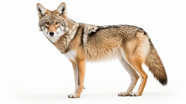 A lone coyote Canis latrans isolated on white background walking and hunting in the winter snow in Canada isolated on white background,