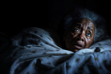 Elderly Woman Lying Awake in Bed. Generative AI