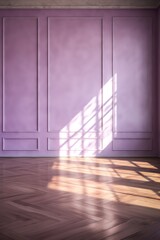 Light amethyst wall and wooden parquet floor, sunrays and shadows from window