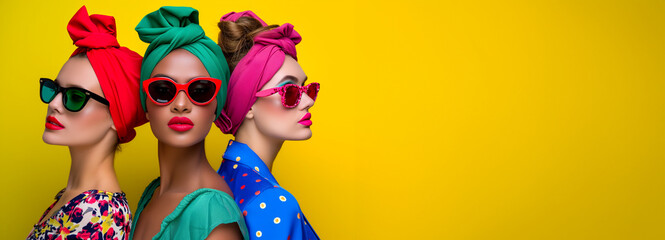 Retro 1980s Woman in Colorful Neon Clothes with Sunglasses. Fashion retro futuristic woman wearing sunglasses. Futuristic pop art fashion girl with geometric pattern background. Fashion retro futurist - obrazy, fototapety, plakaty