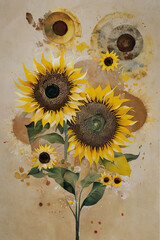 sunflower, watercolor,an abstract painting with gilding on it, in the style of floral explosions,generated by AI