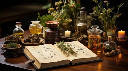 Old Chinese medical texts and plants on the table Copy space image Place for adding text or design.