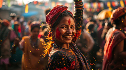 A vibrant depiction of a Hindu festival celebration, and cultural festivities, featuring a multitude of colors and religious ceremonies in India - obrazy, fototapety, plakaty