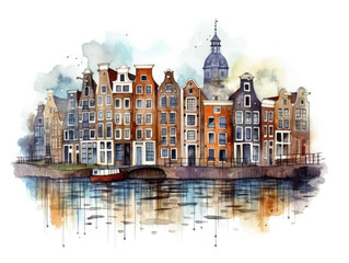 Watercolor illustration postcard of Amsterdam, Netherlands. 
