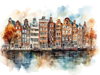 Watercolor illustration of Amsterdam's traditional houses on the canal. 