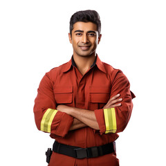 Front view of an extremely handsome Indian male model dressed as a Firefighter smiling with arms folded, isolated on a white transparent  background