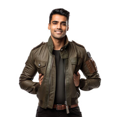 Fototapeta premium Front view of an extremely handsome Indian male model dressed as a Pilot smiling with arms folded, isolated on a white transparent background