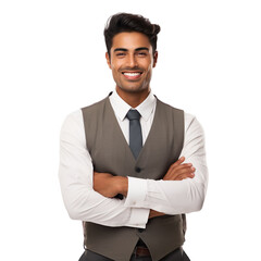 Front view of an extremely handsome Indian male model dressed as a Speech Therapist smiling with arms folded, isolated on a white transparent  background