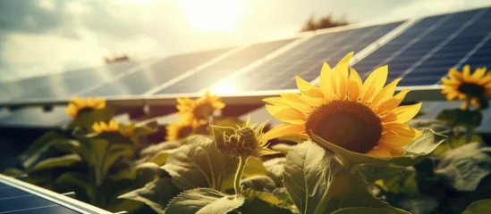 Foto op Aluminium Sun flowers in the foreground of a roof with solar cells. © TheWaterMeloonProjec