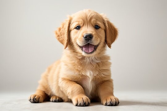 Cachorro golden retriever, echado, mirando a cámara, sacando la lengua, sobre fondo blanco