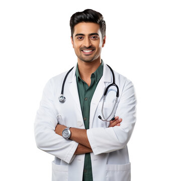 Front view of an extremely handsome Indian male model dressed as a Veterinarian smiling with arms folded, isolated on a white transparent  background