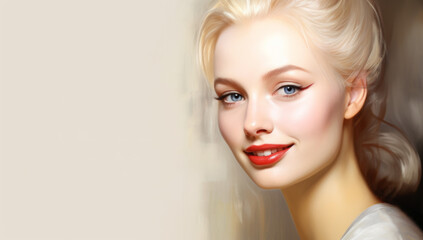 Fototapeta premium A beautiful young woman against a light beige background, Website main page, template, Beauty site or skincare concept with plain copy space and example text