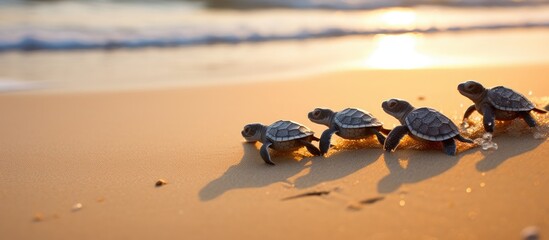 Newly hatched baby turtles crawling towards ocean.