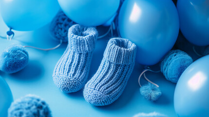 A pair of blue newborn baby socks next to blue different sized blue balloons, gender reveal, baby shower, pregnancy, pregnant, baby, expecting, oh baby - obrazy, fototapety, plakaty