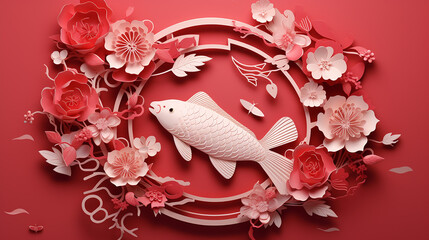 3d top view of chinese new year paper cut ornament of happiness fish on red background