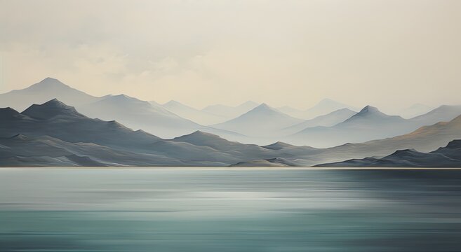 The image of a calm and serene lake reflects the surrounding mountains and sky, offering a serene, textural backdrop