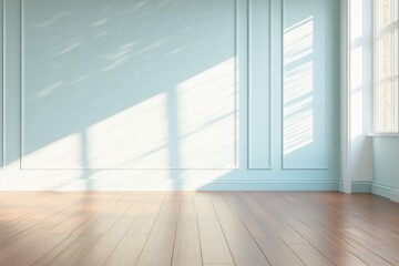 Light azure wall and wooden parquet floor, sunrays and shadows from window
