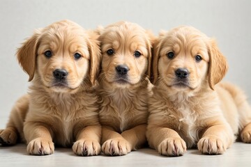 Cachorros golden retriever, echados, mirando a cámara, sobre fondo blanco