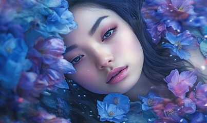Face portrait illustration of a gorgeous and ethereal young girl surrounded bu purple and blue flowers. 