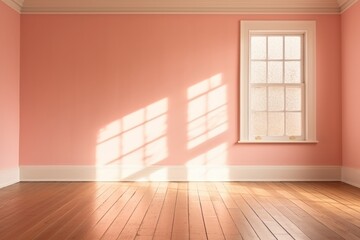 Light crimson wall and wooden parquet floor, sunrays and shadows from window