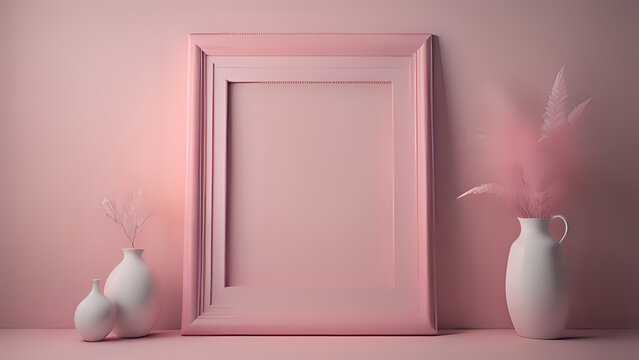 a pink picture frame on a pink wall, and white vase