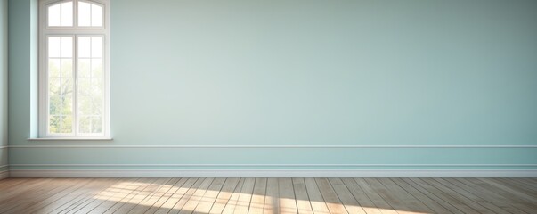 Light cyan wall and wooden parquet floor, sunrays and shadows from window - obrazy, fototapety, plakaty