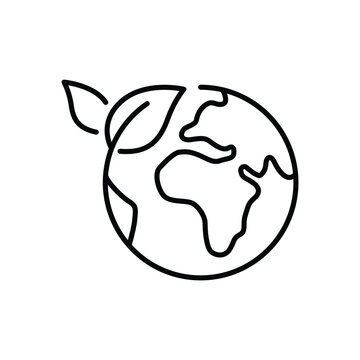 Green earth planet icon. Simple outline style. World ecology, globe with leafs, eco environment logo, save nature concept. Thin line symbol. Vector illustration isolated.