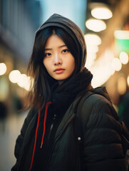 Urban portrait of a young asian woman in the street during the night wearing a hoodie and a jacket
