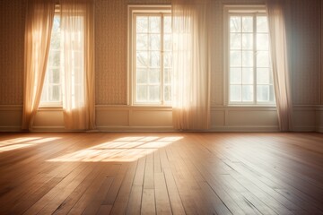 Light ebony wall and wooden parquet floor, sunrays and shadows from window