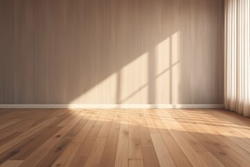 Light ebony wall and wooden parquet floor, sunrays and shadows from window