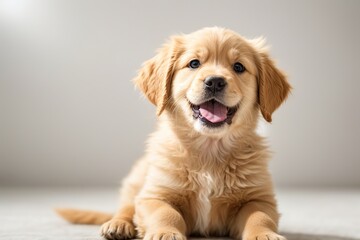 Cachorro golden retriever, echado, sacando la lengua, mirando a cámara, sobre fondo blanco