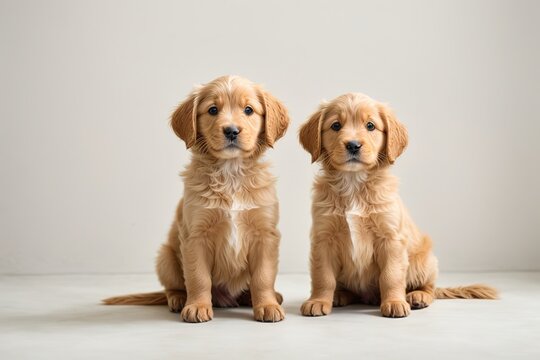 Cachorros golden retriever, sentados, mirando a cámara, sobre fondo blanco