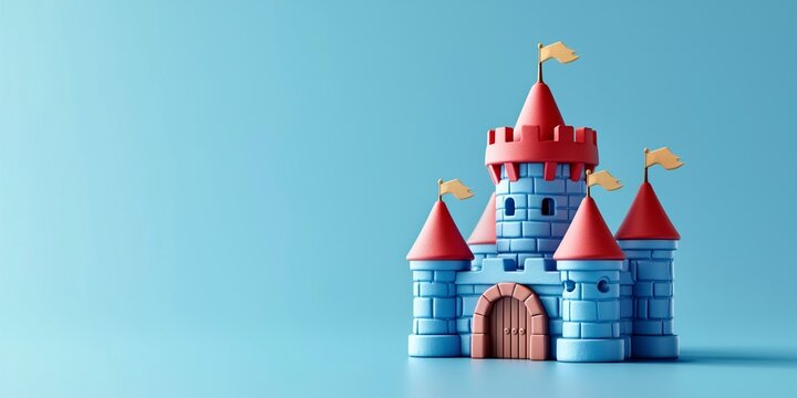 Magic Pink Princess Castle with flags and towers. Cartoon Style. Children’s game. For games. Fantasy kingdom. Toy. Fairy-tale colourful design. 3D Illustration for book. Isolated on blue