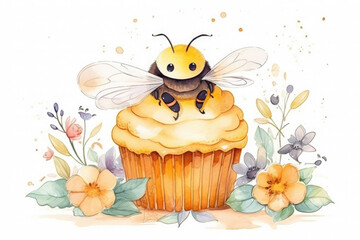 Bee and flowers near a honey cupcake. Watercolor illustration, children book art, spring concept art