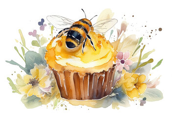 Cupcake with flowers and a honey bee standing on it. Watercolor children book illustration